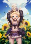  1girl :d animal animal_on_head arms_up bangs black_bow black_jacket blonde_hair blue_eyes blush bow breasts clouds day field flower flower_field fur-trimmed_jacket fur-trimmed_skirt fur_trim hair_bow hairband highres jacket long_hair long_sleeves looking_at_viewer midriff navel on_head open_clothes open_mouth original outdoors petals pom_pom_(clothes) purple_skirt skirt sky small_breasts smile solo sooon standing sunflower yellow_flower 