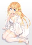  1girl blonde_hair blue_eyes bow braid dress fingers_together haishiki high_heels highres jewelry knees_together_feet_apart long_hair looking_at_viewer necklace original pointy_ears ribbon sitting solo thigh-highs wariza white_dress 