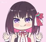  1girl azki_(hololive) bangs blush bow brown_hair chibi colored_inner_hair detached_collar eyebrows_visible_through_hair hair_bow hololive kukie-nyan multicolored_hair open_hands pink_bow pink_hair purple_hair smile solo tongue tongue_out upper_body v-shaped_eyebrows virtual_youtuber 