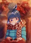  1girl blue_hair blurry blurry_background blush breath coat eyebrows_visible_through_hair hair_bun highres holding long_sleeves outdoors pinecone red_scarf scarf shima_rin solo sunlight upper_body violet_eyes yossyun yurucamp 