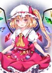  1girl :d bangs blonde_hair blush bow candy candy_wrapper crystal eyebrows_visible_through_hair flandre_scarlet food frilled_skirt frills hair_between_eyes hair_through_headwear hat hat_bow highres lollipop long_hair looking_at_viewer mob_cap nanase_nao one_side_up open_mouth red_bow red_eyes red_skirt red_vest skirt skirt_basket skirt_set smile solo swirl_lollipop touhou upper_teeth very_long_hair vest white_headwear wings 