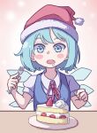  1girl absurdres bangs blue_eyes blue_hair cake cirno collared_shirt eyebrows_behind_hair food fork hat highres holding holding_fork kame_(kamepan44231) looking_down neck_ribbon open_mouth pink_background plate puffy_short_sleeves puffy_sleeves red_headwear red_neckwear red_ribbon ribbon saliva santa_hat shirt short_hair short_sleeves solo touhou upper_body white_shirt 