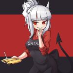  1girl absurdres apron black_apron contrapposto cowboy_shot demon_girl demon_horns demon_tail food fork grin hand_to_own_mouth helltaker highres holding holding_food holding_plate horns klaius long_sleeves looking_at_viewer lucifer_(helltaker) mole mole_under_eye pancake plate popped_collar red_eyes red_shirt ringed_eyes shirt smile solo standing tail white_hair 