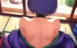  1girl back bare_shoulders duplicate fate/grand_order fate_(series) from_behind highres indoors japanese_clothes kimono purple_hair purple_kimono short_hair shuten_douji_(fate) solo spider_apple upper_body 