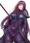  1girl armor bodysuit breasts covered_navel cowboy_shot fate/grand_order fate_(series) gae_bolg_(fate) hair_intakes highres holding holding_spear holding_weapon large_breasts long_hair pauldrons polearm purple_bodysuit purple_hair rantia red_eyes scathach_(fate) scathach_(fate)_(all) shoulder_armor simple_background solo spear standing very_long_hair weapon white_background 