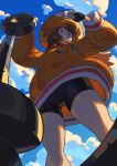  1girl anchor backlighting baggy_clothes bike_shorts black_gloves black_shorts brown_hair clouds cloudy_sky english_commentary fingerless_gloves from_below gloves grin guilty_gear guilty_gear_strive highres hood hoodie huge_weapon looking_at_viewer may_(guilty_gear) medium_hair niking orange_eyes orange_headwear orange_hoodie planted_weapon salute shorts skull_and_crossbones sky smile solo thighs weapon 