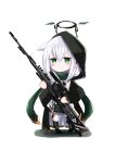  1girl absurdres angel bangs black_skirt blush chibi eyebrows_visible_through_hair green_eyes gun hair_between_eyes highres holding holding_weapon hood hooded_jacket jacket long_hair looking_at_viewer original rifle sidelocks simple_background skirt solo tokiwa_sylbe weapon white_background white_hair 