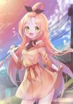  1girl blurry blurry_background blush breasts caron_(straycat910) clouds commentary_request dress forehead green_eyes hair_ribbon looking_at_viewer open_mouth orange_hair original ribbon sky solo sunlight wire 
