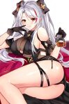  1girl :q absurdres azur_lane bare_shoulders black_dress black_gloves blush breasts closed_mouth cup dress drink drinking_glass eyebrows_visible_through_hair feet_out_of_frame gloves hair_ribbon hand_on_own_face highres holding holding_drink large_breasts long_hair looking_at_viewer lying muki_(muki_kunxd) multicolored_hair on_side orange_eyes prinz_eugen_(azur_lane) redhead ribbon see-through solo streaked_hair thigh_strap thighs tongue tongue_out white_hair 