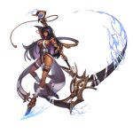  1girl animal_ears anklet bandages black_hair breasts brown_eyes dark_skin dark-skinned_female diablo3123 egyptian egyptian_clothes eye_of_horus fantasy full_body gauntlets gold_trim high_heels highres holding holding_scythe jackal_ears jewelry large_breasts long_hair looking_at_viewer original pelvic_curtain scythe shiny shiny_skin skindentation solo tassel thigh_strap white_background 