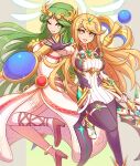  2girls armlet bangs bare_shoulders belt black_legwear blonde_hair breasts chest_jewel dress earrings elbow_gloves enni forehead_jewel gem gloves goddess green_eyes green_hair headpiece high_heels jewelry kid_icarus kid_icarus_uprising large_breasts laurel_crown legs long_hair long_legs looking_at_viewer multiple_belts multiple_girls mythra_(xenoblade) necklace open_mouth palutena pantyhose pendant sandals shield short_dress side_slit single_thighhigh smile staff strapless strapless_dress super_smash_bros. swept_bangs sword thigh-highs thigh_strap thighs tiara vambraces very_long_hair weapon white_dress white_footwear white_gloves white_legwear wii_fit_trainer xenoblade_chronicles_(series) xenoblade_chronicles_2 yellow_eyes 