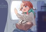  airplane_interior bag bangs colored_inner_hair dress eyebrows_visible_through_hair green_hair hand_on_window highres hololive hololive_english multicolored_hair okarin_(tennisofoka) open_mouth orange_hair plaid seat serving_cart smile sweater takanashi_kiara violet_eyes virtual_youtuber window 