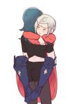  2girls back bangs black_legwear black_shirt black_shorts blue_footwear blue_hair blush byleth_(fire_emblem) byleth_eisner_(female) closed_eyes closed_mouth commentary_request couple dress edelgard_von_hresvelg fire_emblem fire_emblem:_three_houses from_behind full_body holding_another hug long_hair long_sleeves multiple_girls pantyhose puffy_long_sleeves puffy_sleeves red_dress riromomo shirt short_shorts short_sleeves shorts sidelocks simple_background standing sweatdrop white_background white_hair yuri 