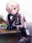  1girl alice_gear_aegis beans bodysuit cake closed_mouth commentary_request doyouwantto food fork looking_at_viewer necktie nikaido_tsukasa one_eye_closed signature sitting smile solo violet_eyes white_hair 