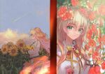  1girl blonde_hair breasts clouds coat eyebrows_visible_through_hair flower green_eyes hair_flower hair_ornament holding hololive large_breasts long_hair looking_at_viewer looking_away momosuzu_nene onecoid open_mouth outdoors shooting_star skirt solo standing sunflower virtual_youtuber 