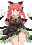  1girl :/ animal_ear_fluff animal_ears arm_support bangs black_bow black_dress blush bow braid breasts cat_ears cat_tail chups closed_mouth dress extra_ears eyebrows_visible_through_hair feet_out_of_frame frills hair_bow hair_ribbon hand_on_own_knee highres kaenbyou_rin large_breasts long_hair looking_at_viewer multiple_tails nail_polish nekomata nose_blush petticoat red_eyes red_nails red_neckwear red_ribbon redhead ribbon simple_background sitting sleeves_past_fingers sleeves_past_wrists solo tail touhou tress_ribbon twin_braids twintails two_tails white_background 