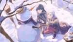  2girls bangs black_footwear black_shorts blue_cape blue_eyes blue_hair blue_scarf boots branch broom byleth_(fire_emblem) byleth_eisner_(female) cape carrot chinese_commentary closed_mouth collar commentary_request dark_blue_hair day edelgard_von_hresvelg fire_emblem fire_emblem:_three_houses forehead from_above gloves grey_legwear hair_between_eyes hair_ribbon hat high_heel_boots high_heels holding hood hood_down hooded_cape kneeling lips long_hair long_sleeves looking_up mo_(ine_mao) multiple_girls one_knee outdoors pantyhose parted_bangs parted_lips purple_ribbon red_legwear ribbon scarf short_shorts shorts snow snowman violet_eyes white_gloves white_hair winter 