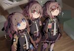  3girls ? ags-30_(girls_frontline) blue_eyes brown_eyes expressionless eyewear_on_head flat_chest girls_frontline highres light_brown_hair llpfmfc medium_hair multiple_girls necktie pleated_skirt ponytail red_eyes side_ponytail skirt tied_hair 