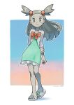  1girl absurdres blush blush_stickers bow closed_mouth donnpati dress full_body gym_leader hair_ornament highres jasmine_(pokemon) light_brown_hair long_hair looking_at_viewer orange_bow pokemon pokemon_(game) pokemon_masters_ex smile solo 