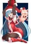  1girl :3 ;d armpits arms_up bangs bell blue_hair blush boots box brown_legwear capelet cat christmas collar commentary_request detached_sleeves dress eyebrows_visible_through_hair full_body gift gift_box hair_between_eyes hat highres holding holding_gift holly long_hair long_sleeves looking_at_viewer mahcdai night night_sky o_o object_on_head one_eye_closed open_mouth original planol_note pom_pom_(clothes) red_capelet red_collar red_dress red_footwear red_headwear santa_costume santa_hat scar scar_on_cheek scar_on_face shiny shiny_clothes short_dress sitting sky sleeveless sleeveless_dress smile thigh-highs very_long_hair wariza yellow_eyes 