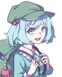  1girl absurdres backpack bag bangs blue_eyes blue_hair eyebrows_behind_hair flat_cap green_bag green_headwear hair_bobbles hair_ornament hat highres kame_(kamepan44231) kawashiro_nitori long_sleeves looking_at_viewer mechanical_arms open_mouth short_hair simple_background smile solo touhou twintails upper_body white_background 