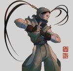  1girl antenna_hair artstation_sample baggy_pants bandages bare_hips black_hair covered_mouth dougi fingers gloves hip_vent ibuki_(street_fighter) image_sample japanese_clothes long_hair mask mouth_mask ninja no_panties pants sleeveless solo white_background will_murai 