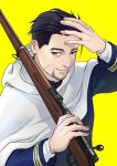  1boy black_eyes black_hair cape facial_hair ganpiro golden_kamuy gun hair_slicked_back hair_strand hand_up imperial_japanese_army long_sleeves looking_at_viewer male_focus military military_uniform ogata_hyakunosuke rifle scar scar_on_cheek scar_on_face short_hair simple_background standing stubble uniform upper_body weapon white_cape yellow_background 