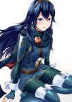  1girl ameno_(a_meno0) blue_eyes blue_hair fingerless_gloves fire_emblem fire_emblem_awakening gloves hair_between_eyes highres light_blush long_hair looking_at_viewer lucina_(fire_emblem) simple_background sitting smile solo symbol-shaped_pupils tiara white_background 