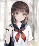  1girl bag bangs black_sailor_collar blurry blurry_background blush brown_eyes brown_hair commentary_request curtains day dot_nose eyebrows_visible_through_hair hand_up highres holding holding_bag indoors long_hair looking_at_viewer open_mouth original red_neckwear sailor_collar shiori_(shiori_2_14) shirt short_sleeves shoulder_bag sidelocks solo symbol_commentary upper_body wind window zipper zipper_pull_tab 