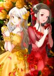 2girls apple black_hair breasts commentary dress english_commentary flower food fruit highres holding holding_food holding_fruit iroha_(shiki) long_hair multiple_girls nail_polish off-shoulder_dress off_shoulder orange_flower orange_nails orange_rose original puffy_short_sleeves puffy_sleeves red_apple red_dress red_eyes red_flower red_lips red_nails red_rose rose short_sleeves small_breasts very_long_hair white_hair yellow_dress yellow_eyes yellow_lips 