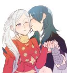  2girls bangs blue_hair blush breasts buttons byleth_(fire_emblem) byleth_eisner_(female) cheek_kiss closed_eyes collar commentary_request dress edelgard_von_hresvelg eyebrows_visible_through_hair fingernails fire_emblem fire_emblem:_three_houses from_side hand_on_another&#039;s_shoulder holding_hands kiss long_hair long_sleeves looking_at_another midriff multiple_girls navel one_eye_closed parted_lips puffy_long_sleeves puffy_sleeves red_dress riromomo side_ponytail sidelocks silver_hair simple_background smile stomach upper_body vambraces white_background yuri 