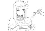  1girl cake closed_mouth crown donburikazoku dress flower food hair_flower hair_ornament long_hair monochrome overlord_(maruyama) renner_theiere_chardelon_ryle_vaiself simple_background transparent_background 