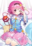  1girl absurdres closed_mouth commentary_request hand_up highres komeiji_satori looking_at_viewer no_shoes one_eye_closed pink_eyes pink_hair sitting socks solo touhou wariza wavy_mouth yuujin_(yuzinn333) 