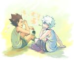  2boys aqua_eyes brown_hair bubble bubble_blowing closed_eyes gon_freecss head_rest hunter_x_hunter indian_style killua_zoldyck male_focus multiple_boys shoes shorts shougin signature sitting smile sneakers tank_top white_hair 
