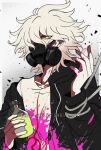  1boy bangs black_coat blood bloody_clothes bloody_hands bottle coat criis-chan dangan_ronpa_(series) dangan_ronpa_2:_goodbye_despair gas_mask gradient gradient_background hand_up holding holding_bottle komaeda_nagito long_sleeves looking_at_viewer male_focus messy_hair nail_polish off_shoulder pink_blood print_shirt red_nails rope shirt solo upper_body yellow_eyes 