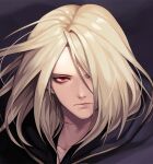  1boy bangs bishounen black_cape blonde_hair cape closed_mouth collarbone commentary_request evilgun floating_cape floating_hair hair_between_eyes hair_over_one_eye igniz_(kof) looking_at_viewer male_focus portrait red_eyes short_hair solo the_king_of_fighters wind 