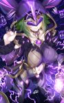  1girl absurdres black_background blush bodysuit breasts choker cicin_(genshin_impact) cicin_mage_(genshin_impact) closed_mouth collarbone covered_nipples electro_cicin_mage_(genshin_impact) fur_trim gem genshin_impact green_hair hand_up highres hood large_breasts lightning long_sleeves looking_at_viewer looking_up mask navel nez-box short_hair signature smile standing tagme 
