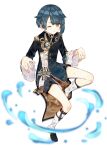 1boy blue_hair boots chieezuik closed_mouth earrings eyebrows_visible_through_hair full_body genshin_impact jewelry male_focus one_eye_closed short_hair shorts simple_background solo water wet wet_clothes white_background xingqiu_(genshin_impact) yellow_eyes 