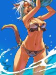  1girl animal_ears arms_up ass_visible_through_thighs bare_shoulders bikini blue_eyes blue_sky cat_ears cat_girl cat_tail collarbone copyright_name dark-skinned_female dark_skin day facial_mark final_fantasy final_fantasy_xi food fruit headband highres looking_at_viewer midriff mithra_(ff11) navel no_eyebrows open_mouth outdoors short_hair side-tie_bikini silver_hair sky solo swimsuit tail tail_raised teeth wading water watermelon yuccoshi 