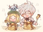  1boy 1girl animal_on_head babe_(fate) beret bird blonde_hair dove drooling fate/grand_order fate_(series) food fork gaito-san hat highres horns knife musical_note on_head pancake paul_bunyan_(fate) percival_(fate) sparkle syrup white_hair 