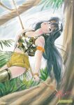  1980s_(style) 1girl absurdres ayukawa_madoka black_hair blue_eyes camouflage copyright_name earrings headband highres jewelry kimagure_orange_road long_hair looking_at_viewer midriff navel official_art pants pants_rolled_up retro_artstyle rope scan shorts solo suspenders swinging takada_akemi tank_top thigh-highs 