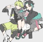  2boys aether_(genshin_impact) ahoge alternate_costume backwards_hat bag bangs baseball_cap black_hair black_sweater cellphone cup drinking_straw eyebrows_visible_through_hair facial_mark forehead_mark genshin_impact green_eyes green_hair green_nails green_shorts grey_background hair_between_eyes hat highres holding holding_cup holding_phone honeymilk0252 jacket jewelry male_focus multicolored_hair multiple_boys nail_polish necklace open_mouth open_toe_shoes phone ring shoes shorts simple_background sitting smartphone smile sneakers socks sweater toenail_polish turtleneck turtleneck_sweater v watch watch white_legwear white_shorts xiao_(genshin_impact) 