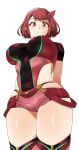  1girl absurdres arms_behind_back breasts brown_eyes covered_navel cropped_legs highres large_breasts light_blush looking_at_viewer looking_down monkey_jon pyra_(xenoblade) redhead shiny shiny_skin short_hair short_shorts shorts simple_background solo thigh-highs thighs tiara white_background xenoblade_chronicles_(series) xenoblade_chronicles_2 