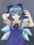  1girl arm_behind_head awk_chan blue_bow blue_dress blue_eyes blue_hair bow breasts cirno closed_mouth dress eyebrows_behind_hair grey_background hair_bow hands_up highres ice ice_wings looking_to_the_side pinafore_dress red_neckwear red_ribbon ribbon short_hair simple_background small_breasts smile solo touhou upper_body wings 