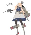  1girl aa_gun absurdres black_legwear black_ribbon black_scarf blonde_hair blouse blue_blouse chiyo_goya english_text french_text gloves gun hair_ribbon highres kleber_(destroyer) radar_dish ribbon scarf sleeveless smokestack tagme torpedo_tubes turret weapon world_of_warships yellow_eyes 