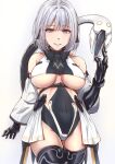  1girl alternate_costume bangs bare_shoulders breasts collarbone covered_navel eyebrows_visible_through_hair girls_frontline large_breasts lips looking_at_viewer mechanical_arms medium_hair paradeus rpk-16_(girls_frontline) silver_hair smile solo tagme violet_eyes white_background xlscaler 