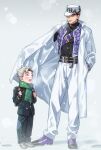  2boys :d backpack bag belt black_belt black_hair black_shirt blue_eyes blurry blush breath brown_bag closed_mouth coat commentary_request depth_of_field diamond_wa_kudakenai footprints full_body gakuran green_jacket green_pants green_scarf grey_background grey_footwear grey_hair hand_in_pocket happy hat height_difference highres hirose_kouichi holding_strap jacket jojo_no_kimyou_na_bouken k_(gear_labo) kujo_jotaro lips long_coat long_sleeves looking_at_another male_focus multiple_boys open_clothes open_coat open_mouth outdoors pants purple_belt purple_footwear purple_vest scarf school_bag school_uniform shirt shirt_tucked_in shoes short_hair simple_background smile snowing spiky_hair standing turtleneck upper_teeth vest white_coat white_pants 