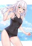  1girl black_swimsuit blue_eyes blue_sky breasts clouds commentary_request cowboy_shot hibiki_(kancolle) kantai_collection leaning_forward long_hair looking_at_viewer school_swimsuit shohei_(piranha5hk) silver_hair sky small_breasts solo standing swimsuit 