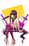  1girl bangs beige_shirt blunt_bangs bow bubble_tea criis-chan dangan_ronpa_(series) dangan_ronpa_v3:_killing_harmony drinking_straw duplicate full_body hair_ornament hairclip harukawa_maki long_hair long_sleeves looking_at_viewer low_twintails miniskirt mole mole_under_eye oversized_object pleated_skirt red_eyes red_legwear red_scrunchie school_uniform scrunchie serafuku shoes sitting skirt sneakers solo symbol_commentary thigh-highs twintails twitter_username very_long_hair yellow_background zettai_ryouiki 