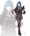 1girl absurdres alternate_costume artist_name bangs black_capelet black_dress black_footwear black_gloves black_neckwear blue_eyes blue_hair brown_legwear byleth_(fire_emblem) byleth_eisner_(female) capelet commentary crossed_legs da-cart dress eyebrows_visible_through_hair fire_emblem fire_emblem:_three_houses full_body gloves hand_on_hip hand_up highres holding long_hair looking_at_viewer necktie pantyhose parted_lips shoes short_dress signature simple_background smile solo standing watson_cross white_background zoom_layer 